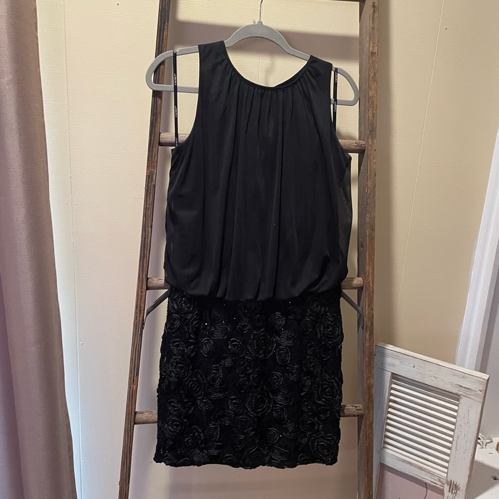 Cache Black Sleeveless Mini Dress with Rosette Skirt